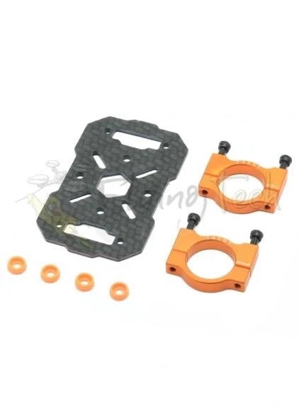 Carbon fiber drone motor mount plate with two orange motor rings and screws