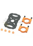 Carbon fiber drone motor mount plate with two orange motor rings and screws