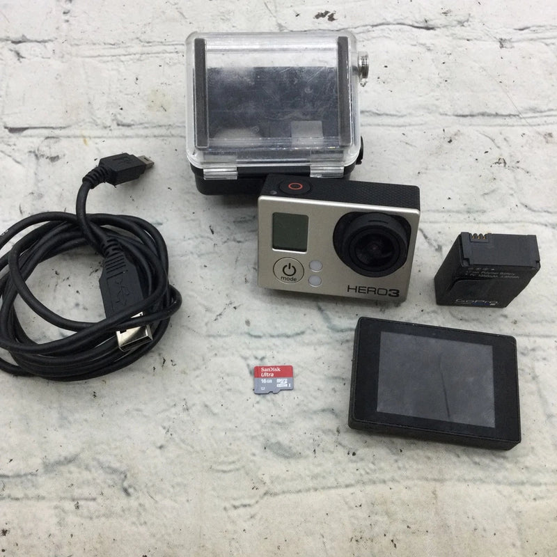 GoPro HERO3 action camera with waterproof housing, LCD screen, black cable and memory card