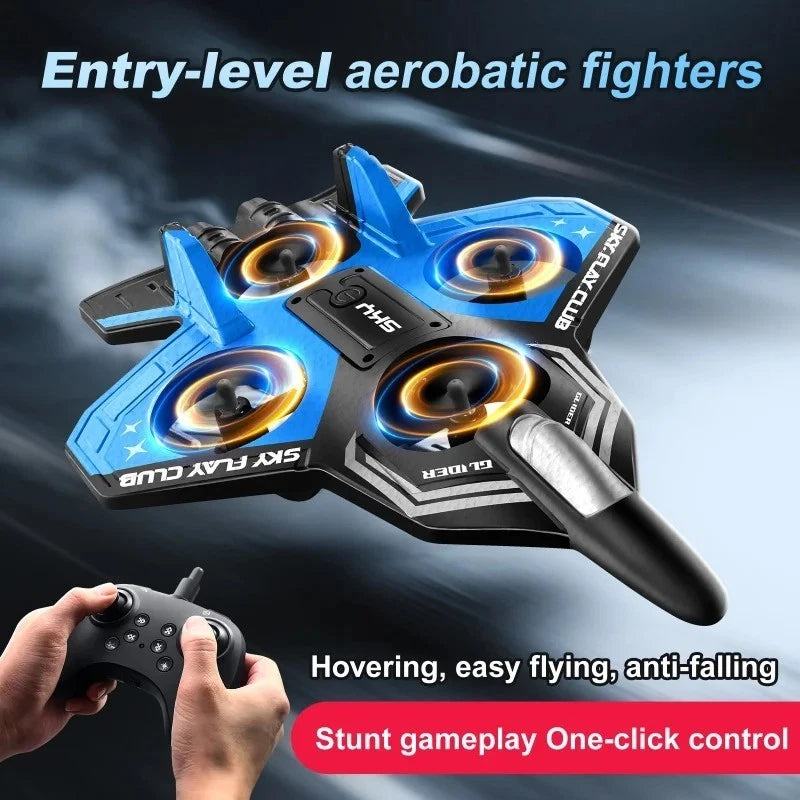 Blue foam stunt glider plane drone with controller, four glowing fan engines