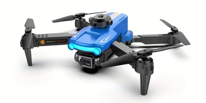 Dual-camera quadcopter drone with blue accents and front camera module