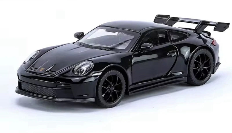 Porsche GT3 1:32 alloy model car, black, front three-quarter view with detailed wheels