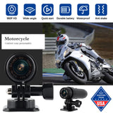 Motorcycle action camera with WiFi, black body and fixed handlebar mount, wide-angle lens