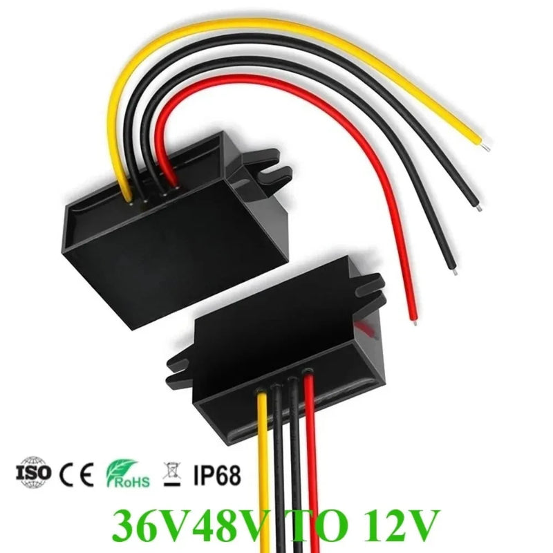 DC-DC buck converter module with black housing and red, yellow, black wire leads