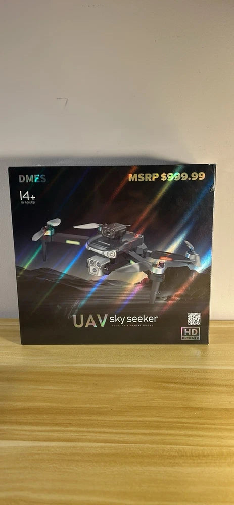 DMES UAV Sky Seeker drone box, obstacle avoidance graphic and dual-lens camera