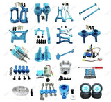 Blue aluminum RC car upgrade parts kit with linkages, arms, screws and wheels