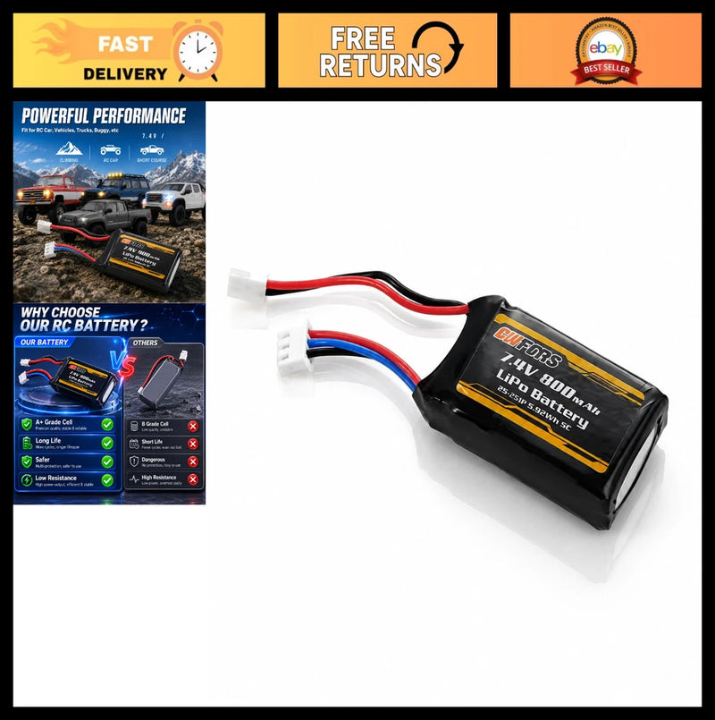 1/18 Scale RC Crawler Parts - 2S 7.4V 900mAh LiPo Battery for RC Trucks & Cars Battery