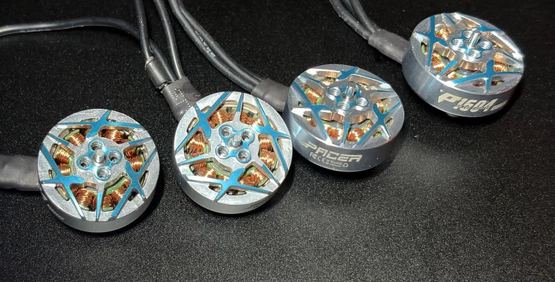 Brushless drone motor with blue and silver stator, circular frame and mounting base (3 shown)
