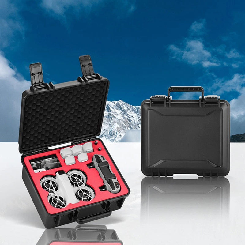 Black waterproof hard carry case with molded foam, open lid showing drone accessories