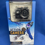 Boxed waterproof action camera with front lens and clear mounting case