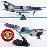 1/72 MiG-21 jet model in blue and white, Iraq Air Force livery, on display stand