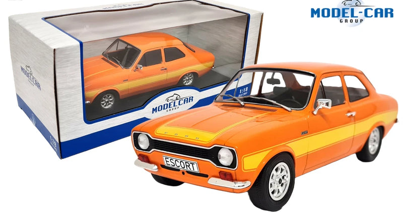 Orange die-cast model of Ford Escort MKI RS with white stripes, front 3/4, in box