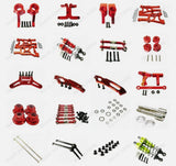 Red aluminum RC car upgrade parts kit with brackets, screws, and hardware set