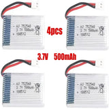 Set of four 3.7V 500mAh LiPo drone batteries with red/black leads and white labels