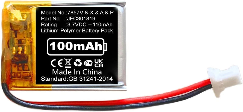 100mAh lithium-polymer battery pack with red/black leads and white plug connector