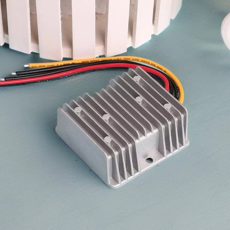 DC 48V to 24V step-down voltage converter with aluminum heatsink and wire leads