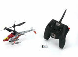 RC helicopter with black remote transmitter, rotor blades and tail visible