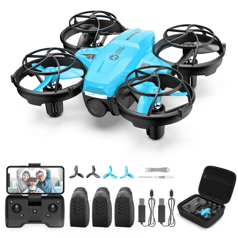 Light blue and black mini drone kit with controller, spare props, batteries, and case