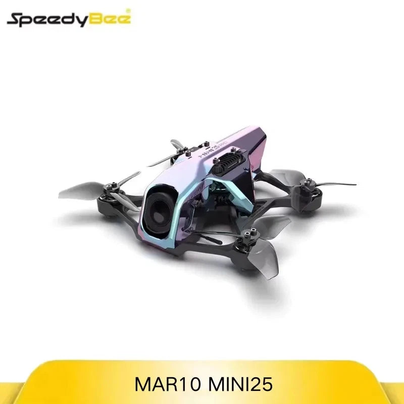 Mini FPV quadcopter drone with four propellers, purple and blue frame