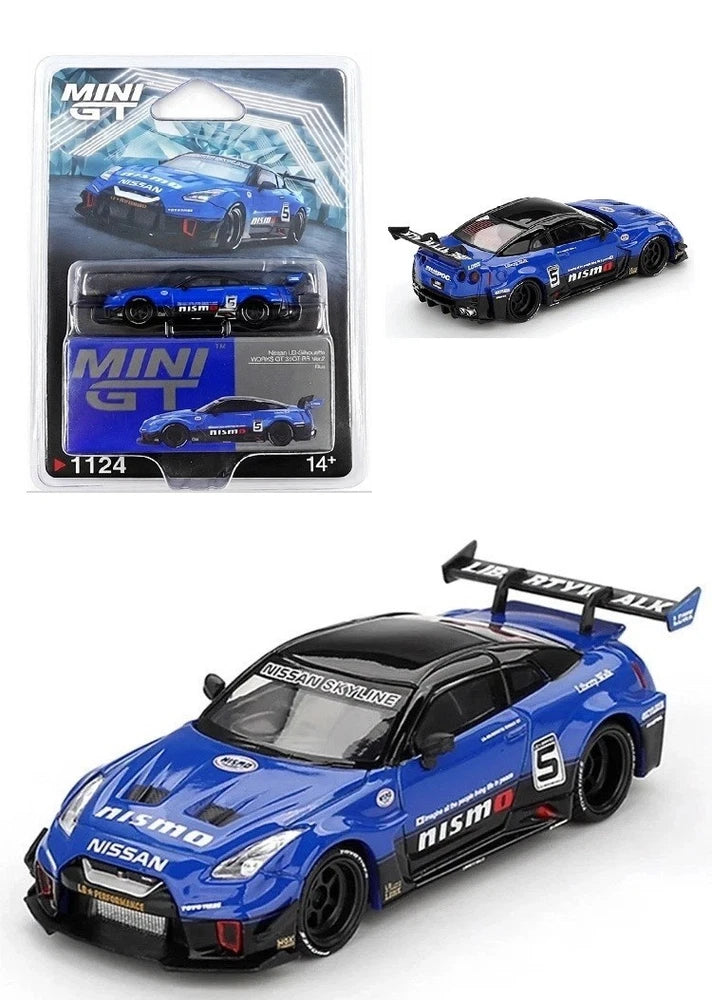 Mini GT 1:64 blue sports model car with rear wing and race decals