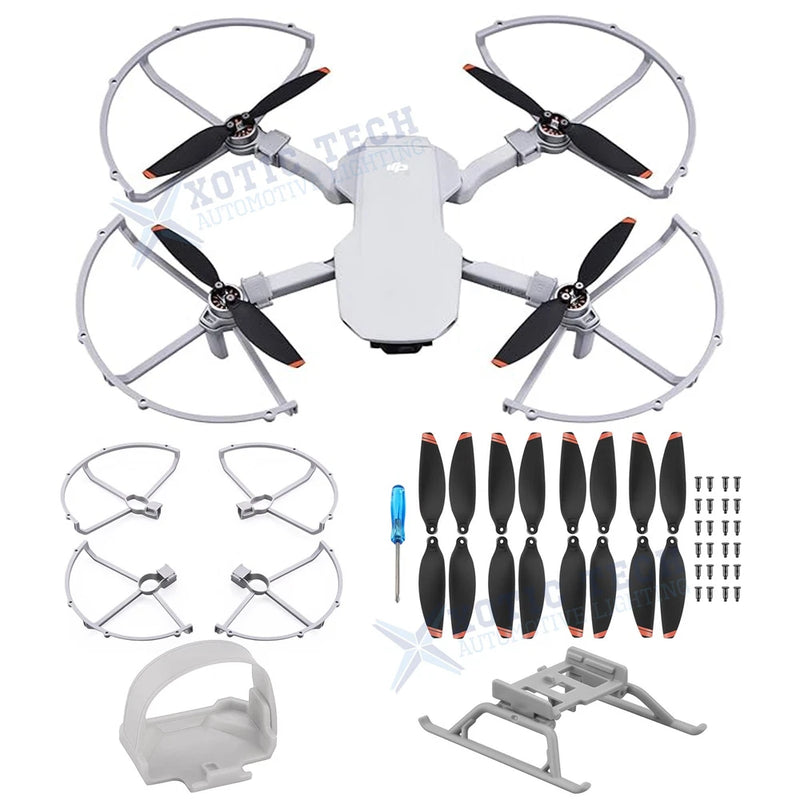 Drone height extender prop guard fixator set with propellers, guards, frame parts, and screws