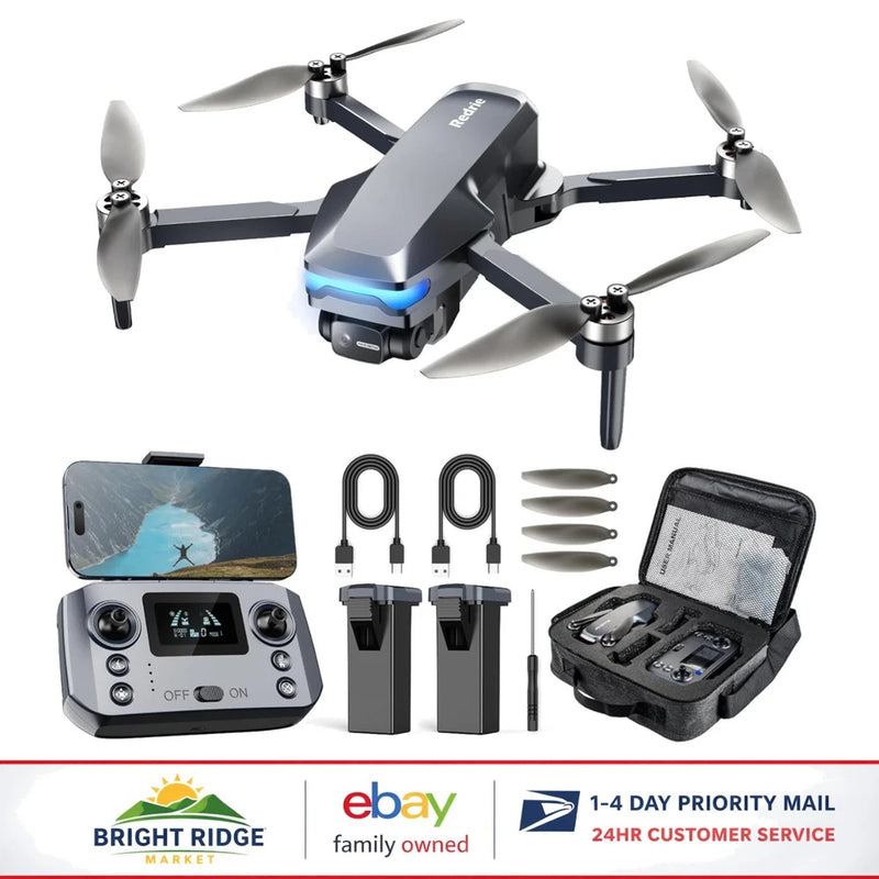 Compact quadcopter drone with controller and accessories kit, including spare parts