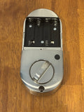 Satin nickel interior battery keyless smart lock assembly, battery contacts and dial
