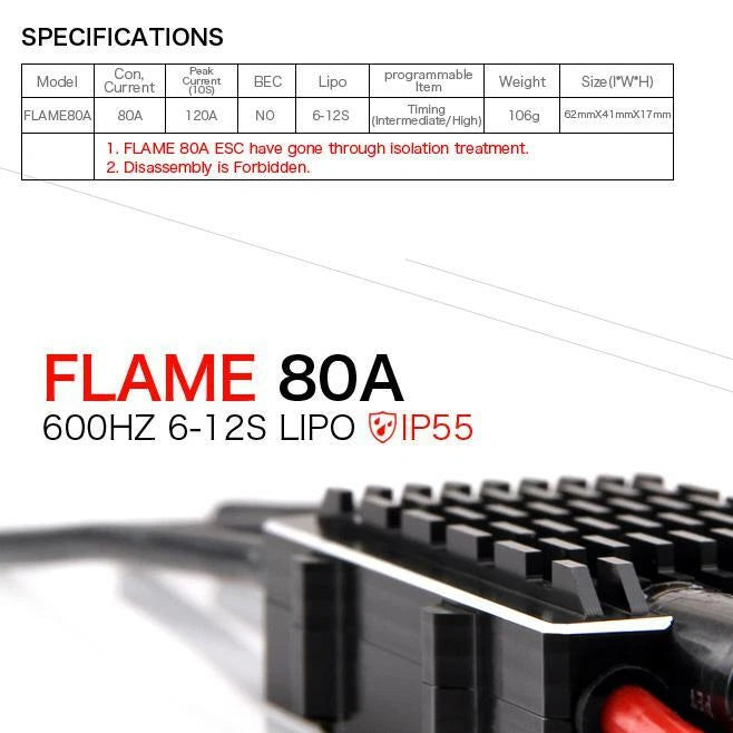 Tiger Motor Flame 80A drone ESC with black heatsink and red connector, IP55 rated