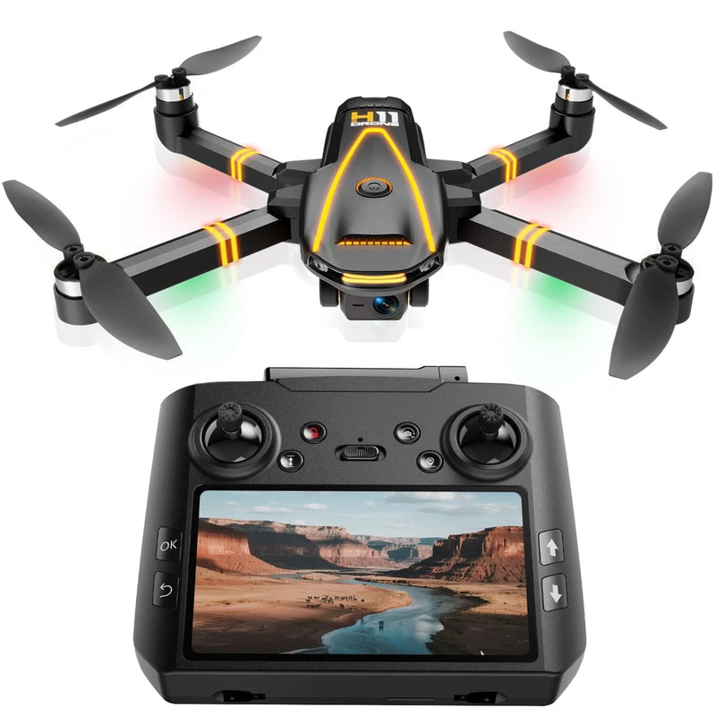 GPS drone with four propellers and action camera, plus handheld remote with display