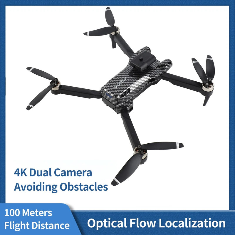Black quadcopter drone with carbon-fiber body and four propellers