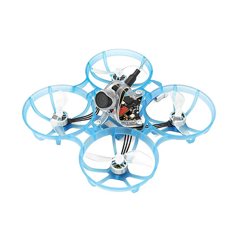 75mm racing drone with blue transparent prop guards and four propellers