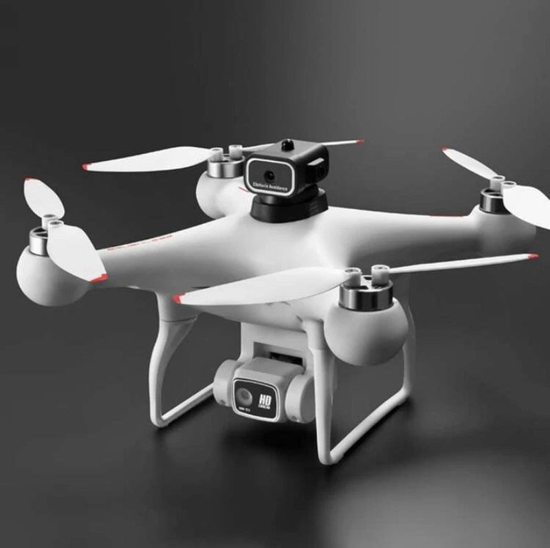 White quadcopter drone with dual cameras and four propellers