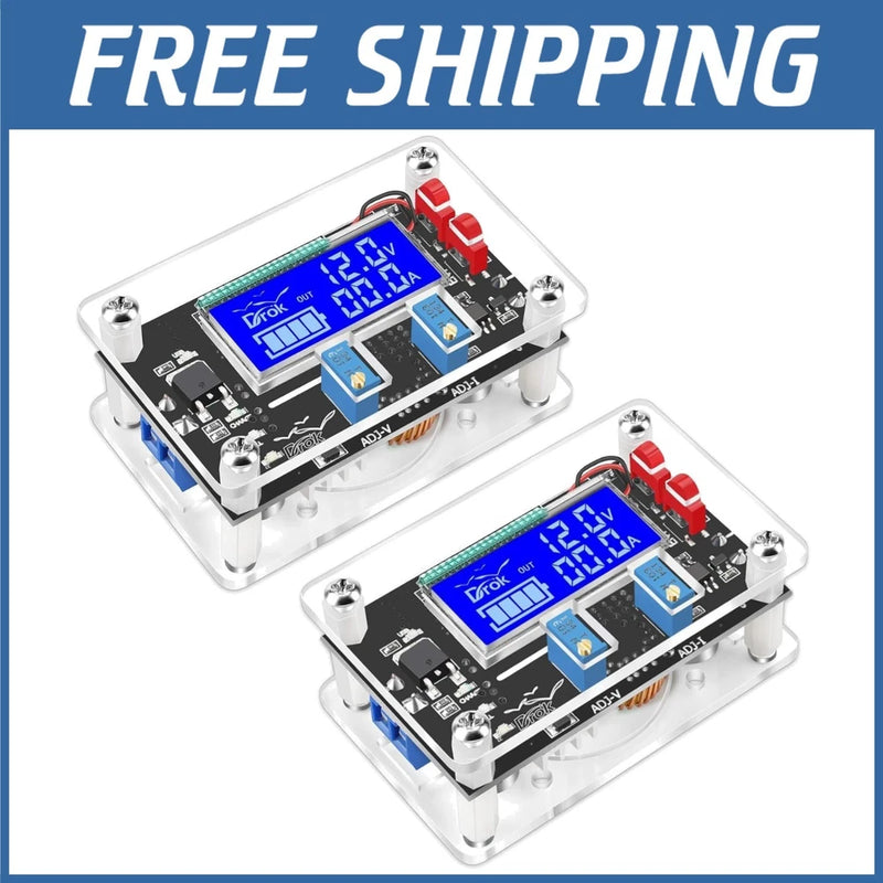 DC voltage regulator module with blue display in clear protective case