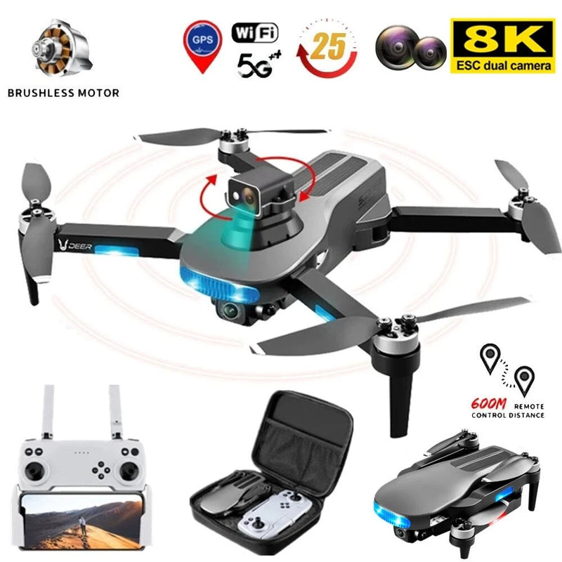 Gray FPV quadcopter drone with dual cameras and remote controller, 4-rotor design