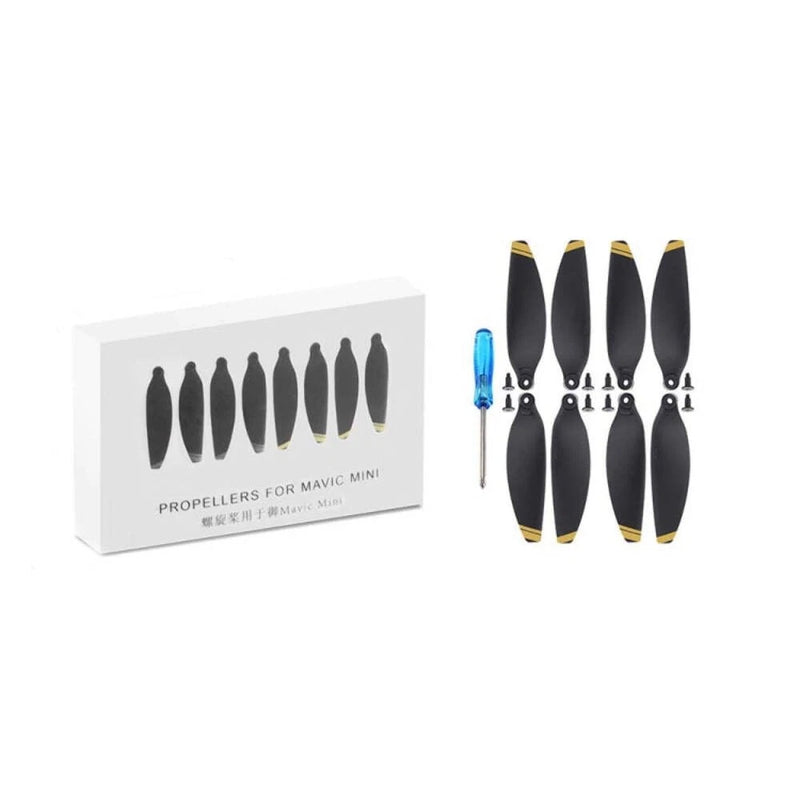 DJI Mavic Mini propeller blade set with screwdriver tool, black and gold blades