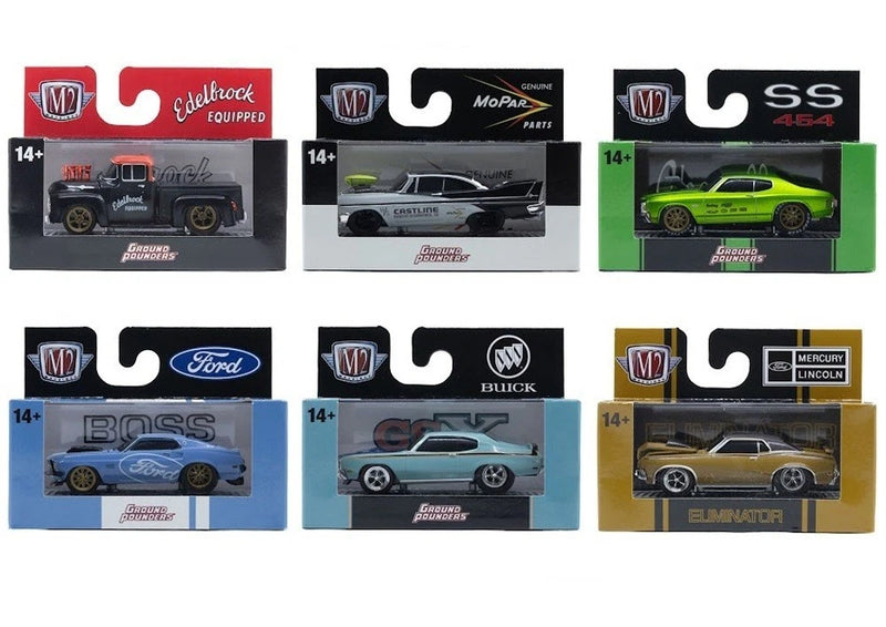Assorted 1:64 die-cast model cars in display boxes, including black, green, and blue