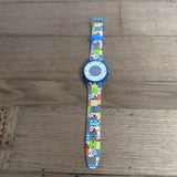 Swatch Quilted Time Gent watch with multicolor patchwork strap and round blue face