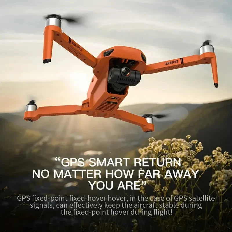 Orange foldable quadcopter drone with dual cameras and GPS module
