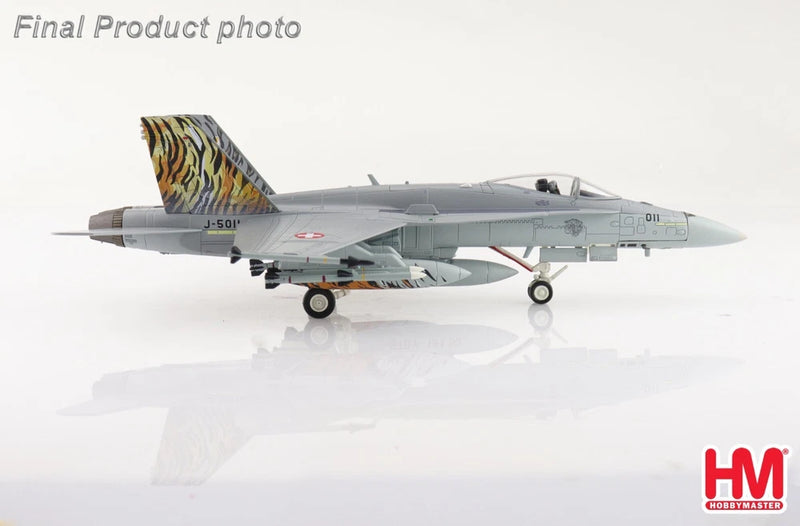 Gray F/A-18C fighter jet model with tiger-striped tail, landing gear down