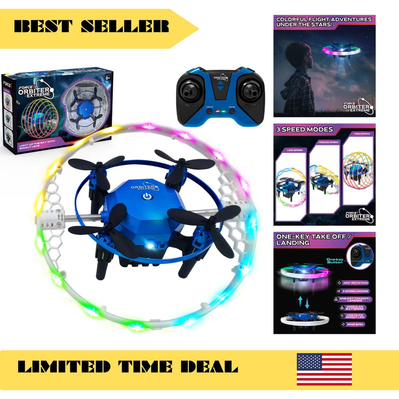 Blue aerial drone with circular LED ring and four propellers, with remote controller