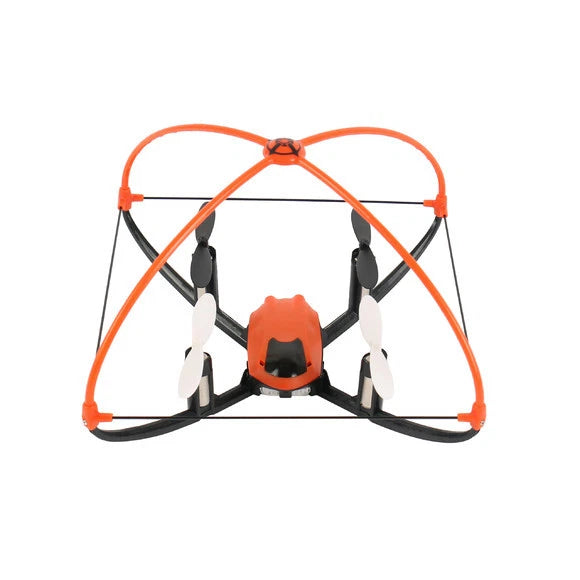 Orange and black RC quadcopter drone with four propellers and protective frame