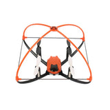 Orange and black RC quadcopter drone with four propellers and protective frame