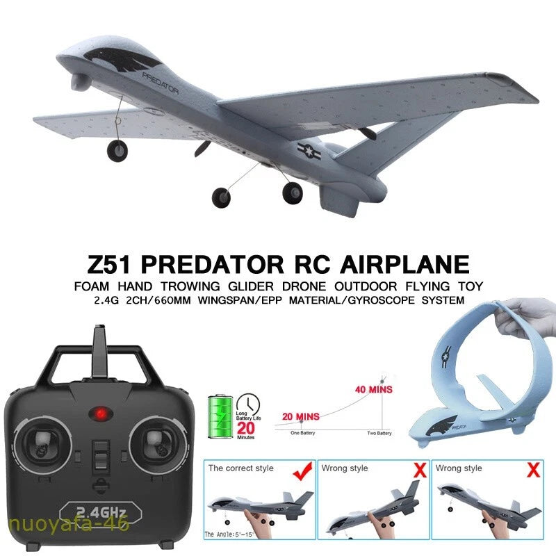 Grey RC glider airplane with remote controller, 2.4GHz, ready-to-fly
