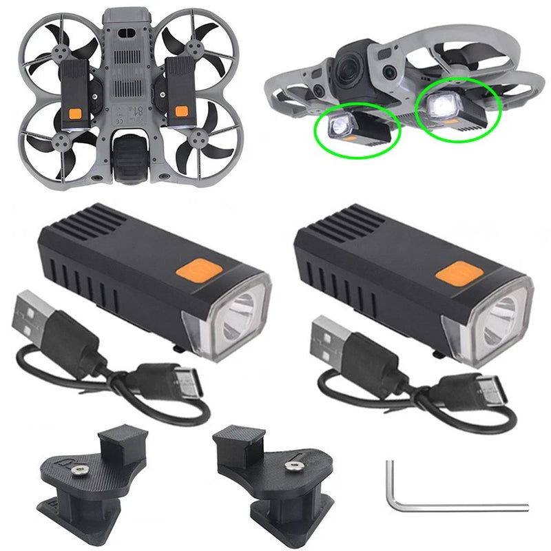 LED searchlight drone lights with adjustable mount, dual spotlight heads and USB cable.