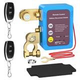 Remote battery disconnect switch kit with blue control box, gold clamps, red wires, two key fobs