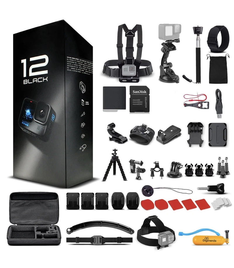 GoPro HERO12 waterproof action camera accessory kit with mounts, cases, and 128GB card