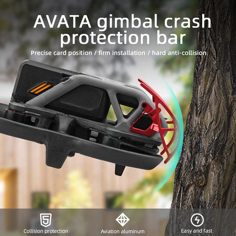 Drone gimbal collision protection bar, black with red aluminum guard brackets