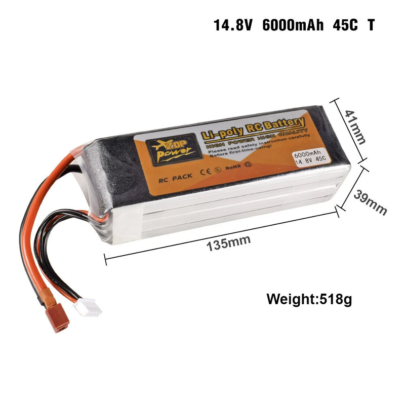 Zop Power 4S RC Lipo Battery 14.8V 6000mAh 45C T Plug for RC Car Boat FPV Drone Battery