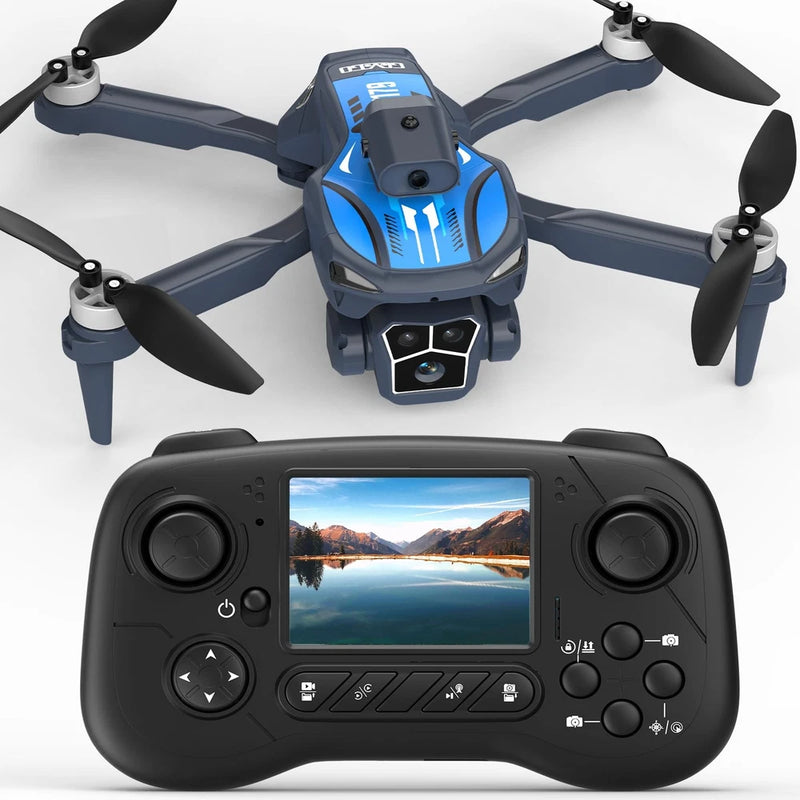 Black quadcopter drone with front camera and blue body, shown with control remote