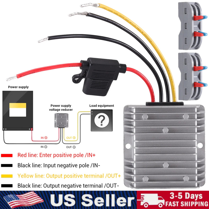 DC voltage converter step-down with gray finned housing and red/black/yellow wire leads